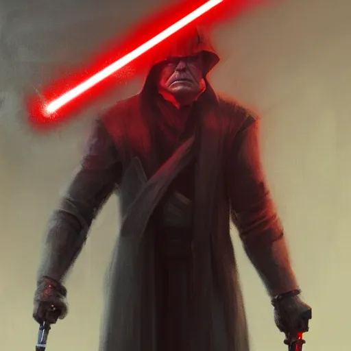 Prompt: Sith Donald Trump wielding a red lightsaber, by Greg Rutkowski and Thomas Kinkade, trending on artstation 4k.