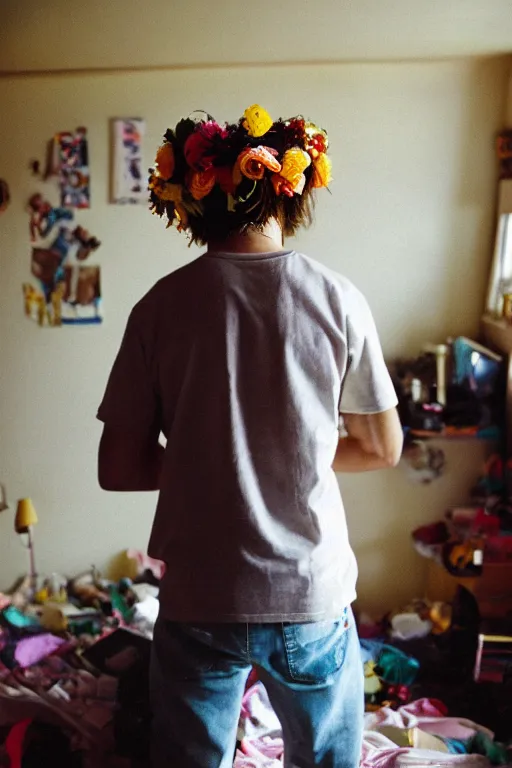 Image similar to kodak portra 4 0 0 photograph of a guy wearing a flower crown in a cluttered messy 9 0 s bedroom, back view, lens flare, moody lighting, moody vibe, telephoto, 9 0 s vibe, blurry background, grain, tranquil, calm, faded!,