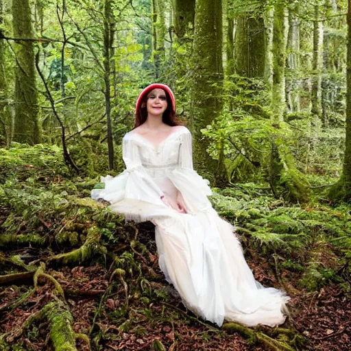 Image similar to photograph of gemma arterton, dressed as an elf in a long rainbow wedding gown, sitting in a colorful forest