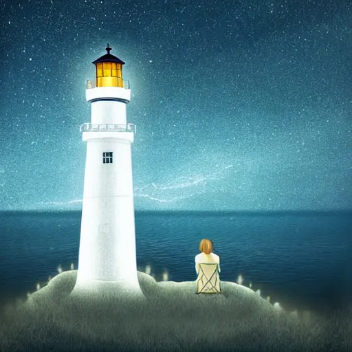 Prompt: gothic. woman sitting on wall looking at the ocean. lighthouse. stars. fireflies. winter