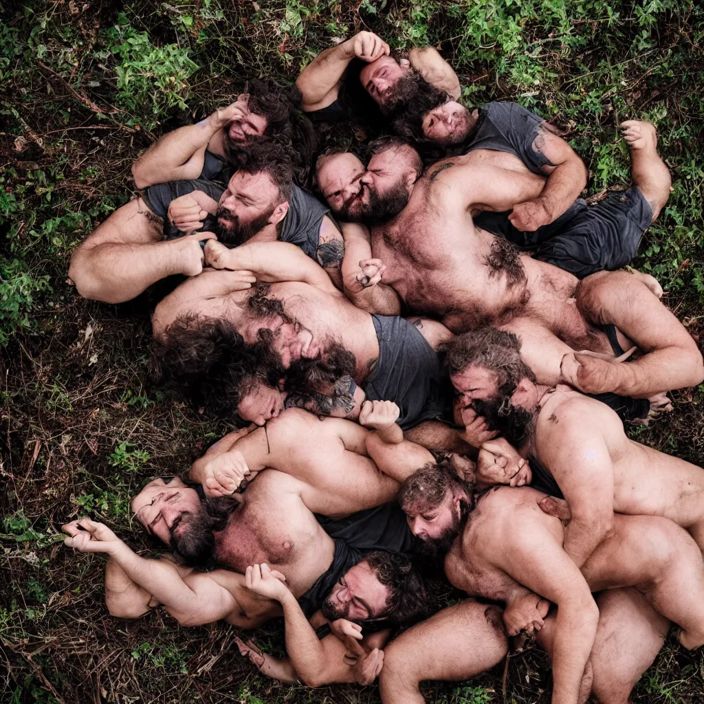 Prompt: dozens of big hairy strongmen in shorts laying down together in a bed in a forest, cuddling and kissing, photography, high details, epic, high resolution
