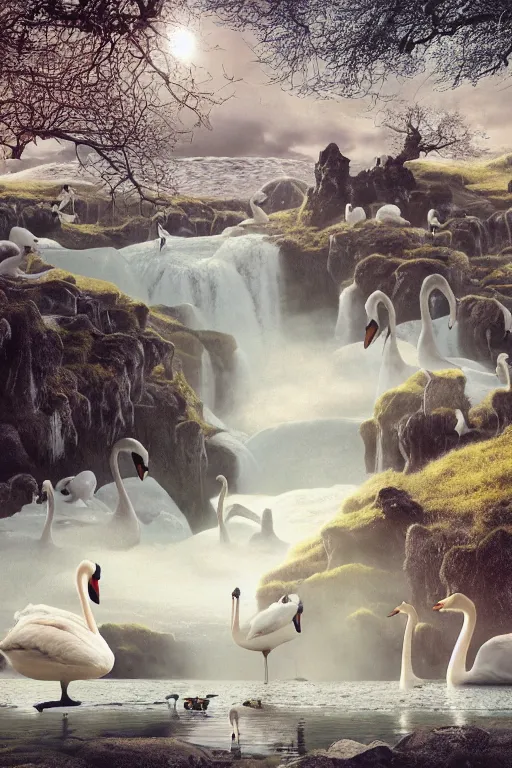 Image similar to beautiful bjork with swans in iceland by hubert robert and lee madgwick and roger dean and jacek yerka, dan mumford and alex grey style, soft lighting, 4 k hd wallpaper illustration concept joy atmospheric lighting