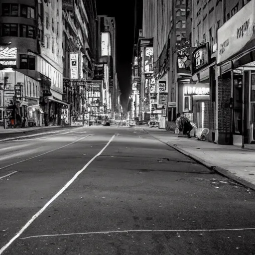 Image similar to photo of abandoned New York city street at night after the war between humans and AIs, film grain, soft vignette, Canon EOS Digital Rebel XTi, 100-300mm Canon f/5.6, Exposure time: 1/160, ISO 400