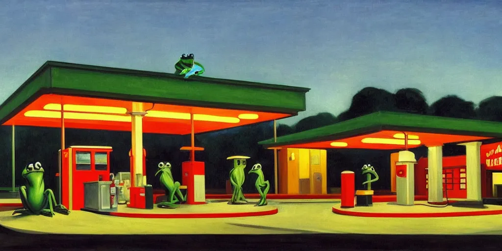 Prompt: painting by edward hopper, gas station at dusk, 1 9 4 0, kermit the frog is robbing the gas station