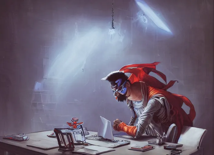 Image similar to an insanely detailed painting of an asian man wearing a homemade superhero costume, sitting at a desk, staring seriously at the computer and typing, in the style of peter mohrbacher, james jean, artgerm, dramatic lighting and composition, surreal background, octane render, pixar, trending on artstation, concept art, comic book, view from behind, 8 k