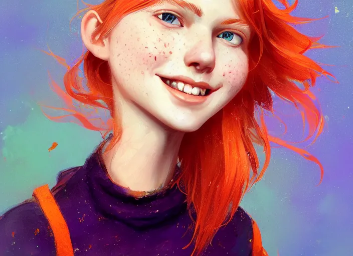 Image similar to portrait of a beautiful smiling girl with orange hair and freckles, green eyes, highly detailed, digital painting, concept art, smooth, sharp, focus, background is purple, artstation, style by Bo Feng Lin