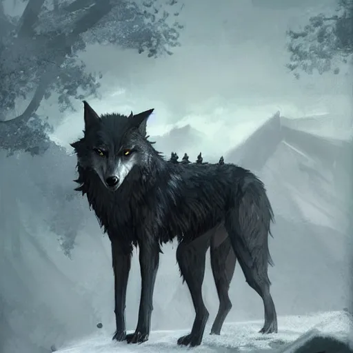 Image similar to an anthropomorphic wolf in a black doublet looking out over the hills, artstation hq, stylized, greg rutkowski, sharp focus, concept art, furaffinity fursona, furry, anthropomorphic