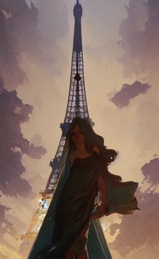 Image similar to a personification of the country france, eiffel tower, highly detailed, digital painting, artstation, concept art, sharp focus, illustration, art by greg rutkowski and alphonse mucha