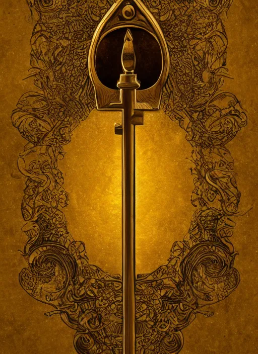 Image similar to medium shot, golden key, fantasy illustration, medieval era, blank background, studio lighting, hand - drawn digital art, 4 k, trending on artstation, symmetry