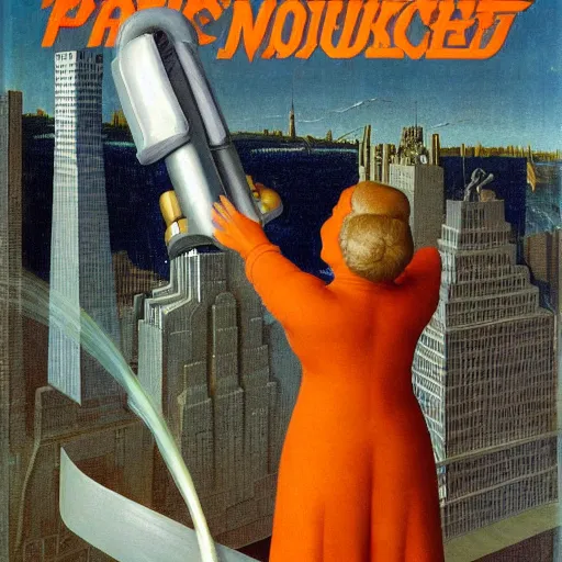 Prompt: yoked physique ultimate space villain super granny flies above new york city with her vacuum cleaner orwellian themes konstantin vasilyev grant wood jan van eyck john steuart curry