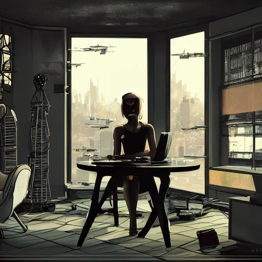 Prompt: cluttered living room wide shot cyberpunk high tech, cool cybernetic girl sitting at table, through the window is a cityscape, dramatic lighting, god rays, music by vangelis