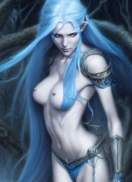 Image similar to d & d concept art of gorgeous elven woman with blue hair in the style of stefan kostic, realistic, half body shot, sharp focus, 8 k high definition, insanely detailed, intricate, elegant, art by stanley lau and artgerm, luis royo, foggy backgeound, fantasy