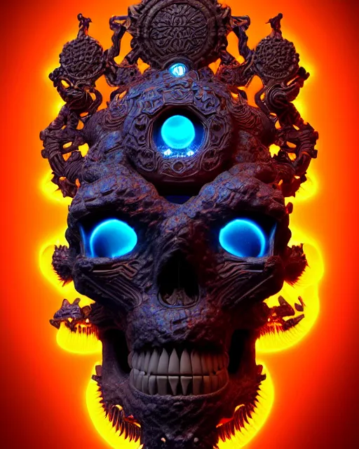 Image similar to 3 d ornate carved dark cosmic warrior with profile portrait, sigma 5 0 0 mm f / 5. beautiful intricate highly detailed quetzalcoatl skull. bioluminescent, plasma, lava, ice, water, wind, creature, thunderstorm! artwork by tooth wu and wlop and beeple and greg rutkowski, 8 k trending on artstation