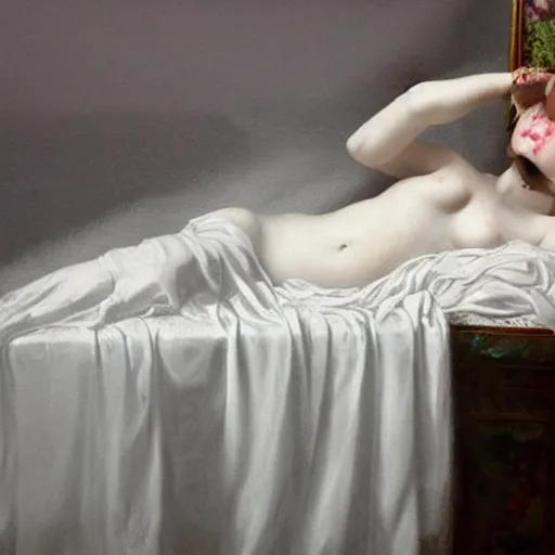 Image similar to liquid marble acrylic paint from victorian era of beautiful model sleeping in white curtains, surreal