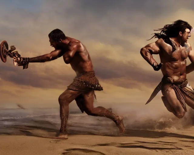 Prompt: spartan sprinting on australian beach, epic award winning action cinematic still from the movie 3 0 0, noon lighting, unarmed