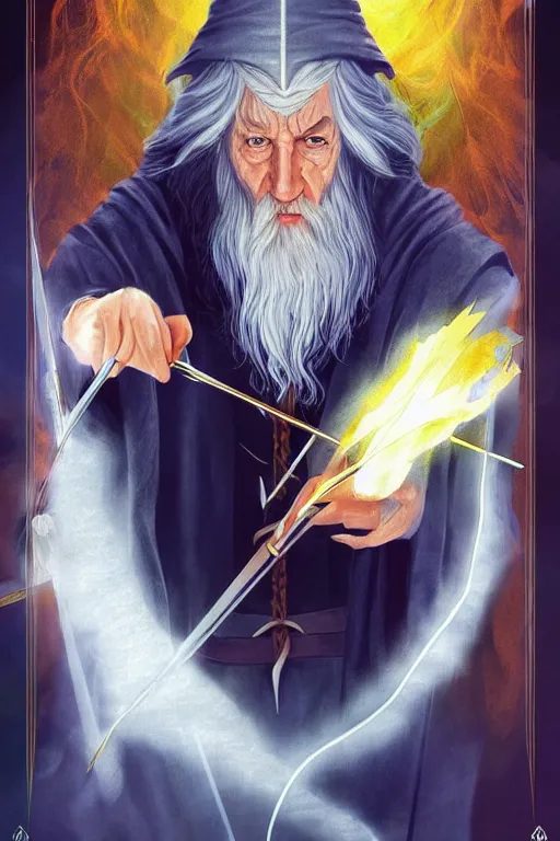 Image similar to tarot illustration of gandalf as the magician by artstation