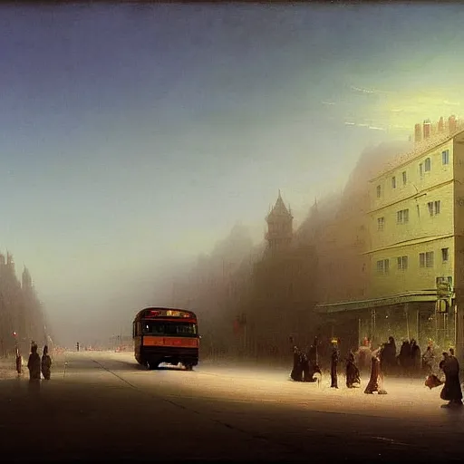 Prompt: bus on a busy street, Ivan Aivazovsky, Christopher Balaskas, Noah Bradley, Albert Bierstadt, Jim Burns, Edwin Church, Frederic Thomas Cole, Brown Durand, Asher David Friedrich, Caspar James Gurney, Johnson Heade, Martin Raphael Lacoste, Ted Nasmith, Andreas Rocha, Christophe Vacher