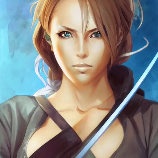 Image similar to anime portrait of beautiful nicole aniston samurai water swordman, digital painting, concept art, d & d, art by ufotable and artgerm and greg rutkowski and alphonse mucha