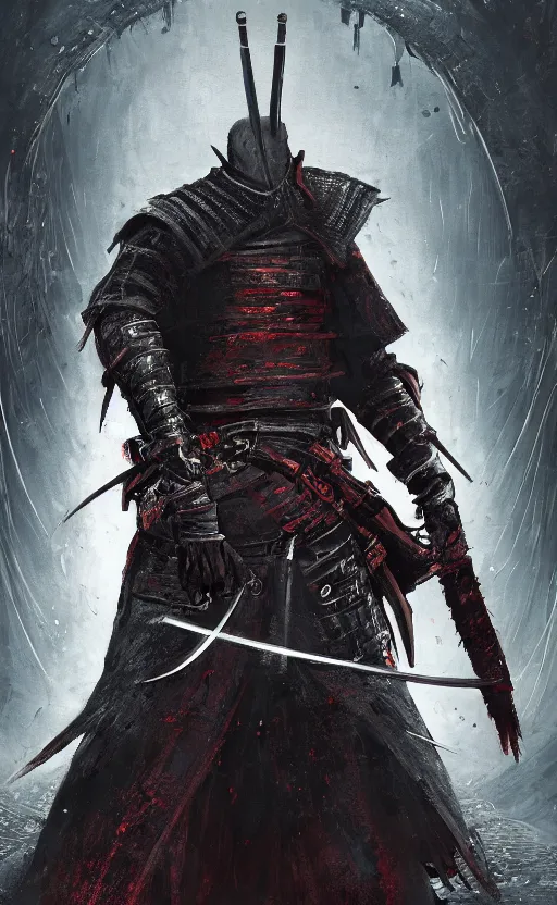 Image similar to a portrait of cyberpunk samurai with double sword, bloodborne concept art, 4 k