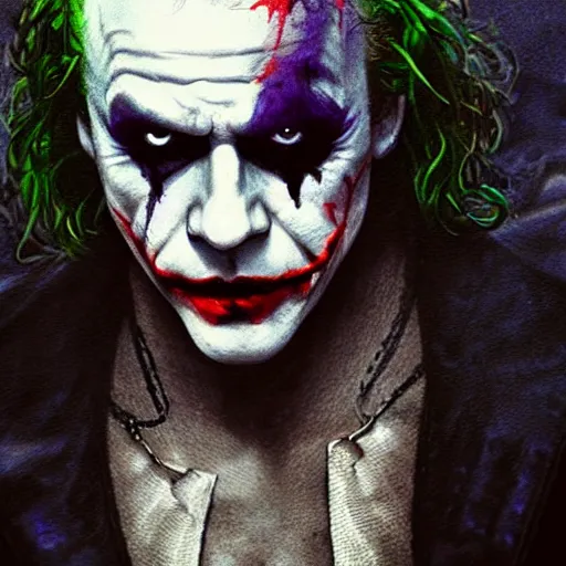 Image similar to heath ledger joker, darkwave, darksynth, character portrait, sharp, digital matte painting, art by luis royo, greg rutkowski, wlop, dramatic lighting, trending on artstation