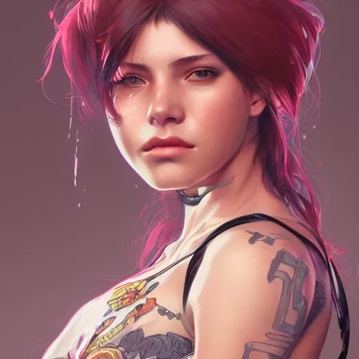 Image similar to highly detailed portrait of a punk young lady by by Artgerm,Greg Rutkowski,Alphonse Mucha, 4k resolution