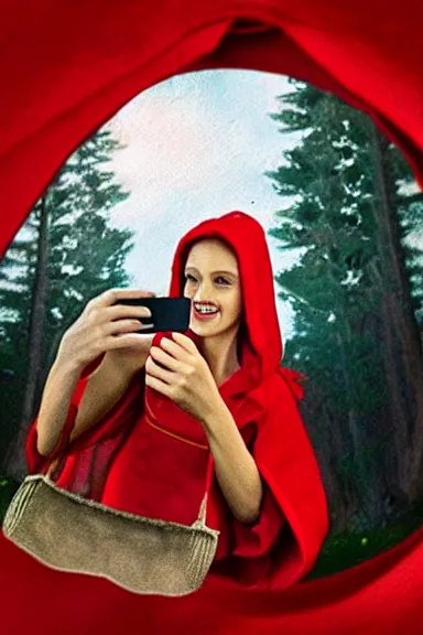 Prompt: “ very photorealistic photo of the real little red riding hood and the wolf taking a selfie, award - winning details ”