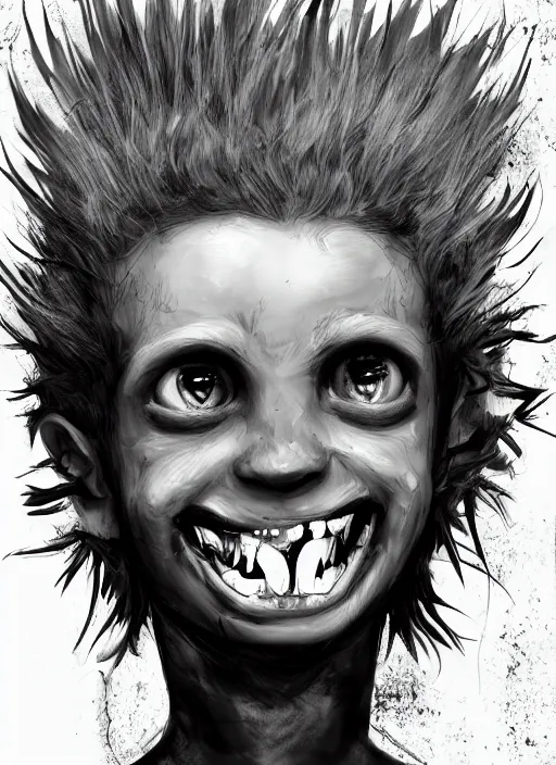 Image similar to portrait of a monsterous child with fangs and wild hair, digital art, trending on artstation