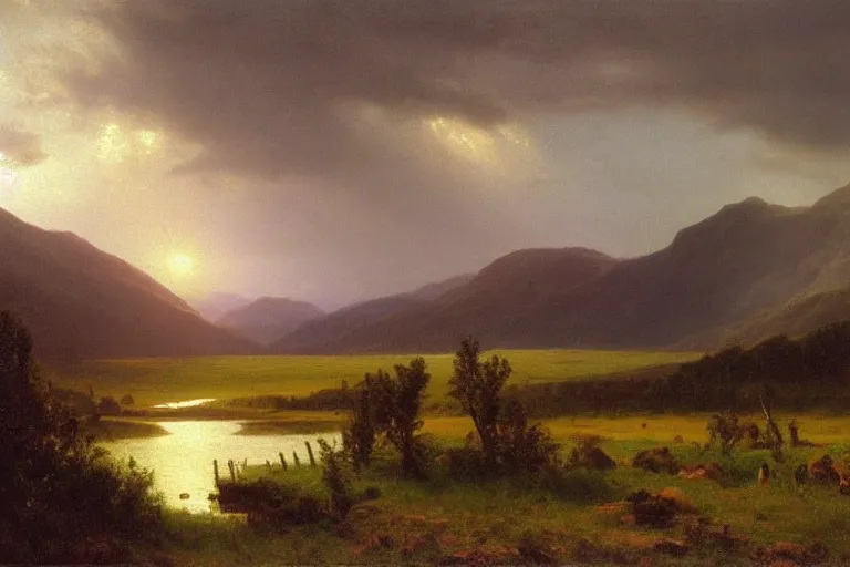 Prompt: a beautiful oil painting of a Scottish Highland landscape, evening light, by Albert Bierstadt, beautiful light, detailed, dramatic