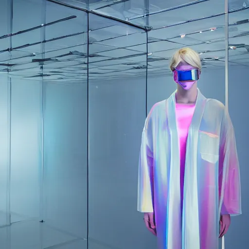 Prompt: an ultra high definition professional studio quality photograph of a transparent iridescent perspex pastel coloured robe and matching goggles on white coat hook in an empty white room. dramatic lighting, ray tracing, refraction, shallow d. o. f, colour corrected, golden ratio, three point light. volumetric shadows. god rays.