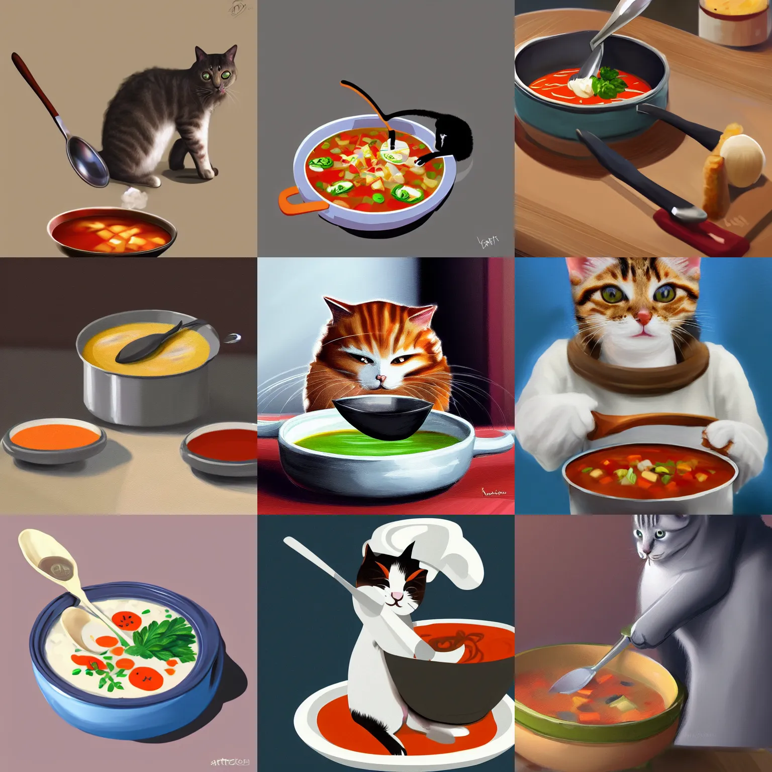 Image similar to the cat cooks soup, stirring a pot with a ladle, digital painting, trending in Artstation, artstationHD, 4k