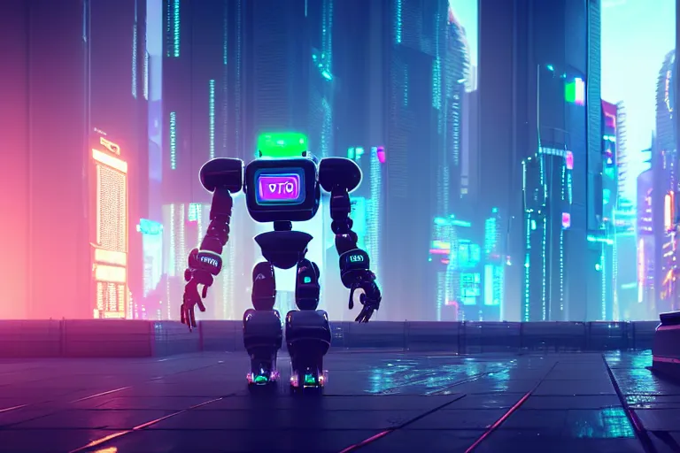 Image similar to a cute big robots in a cyberpunk city. super realistic 8 k render of a elegant, cinematic composition