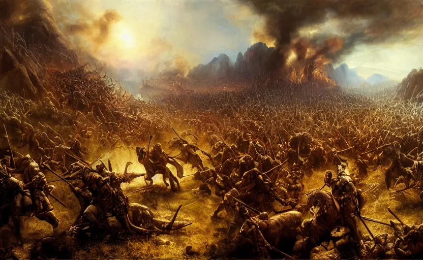 Prompt: realistic oil painting of the battle of the pelennor fields, detailed, by rembrandt van rijn, lisa frank, hr giger, beksinski, anato finnstark, 8 k resolution, beautiful lighting, studio light, extremely detailed, establishing shot, realistic materials, hyperrealistic