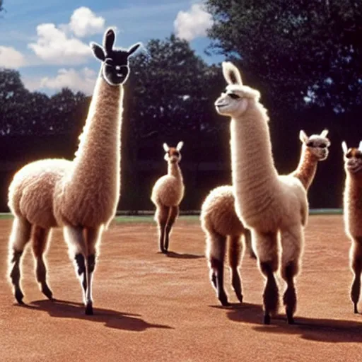 Prompt: llamas playing basketball, movie still