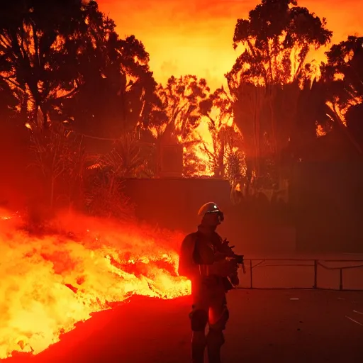 Image similar to a soldier with a glowing orange visor, a gas mask in a half-turn looks into the camera, bodies of the dead are scattered around, an orange fire in the background, octane render, 4k, details, dramatic pose