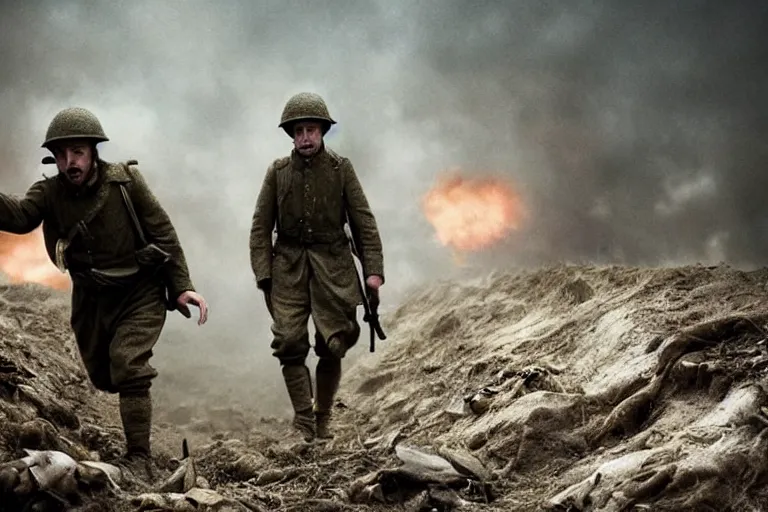 Prompt: jay baruchel as world war 1 soldier in the trenches, bullets whizzing past, cinematic lighting, high contrast, 4 k hdr imax cinematography by roger deakins, award winning shot, beautiful composition, principal photography, vfx action shot