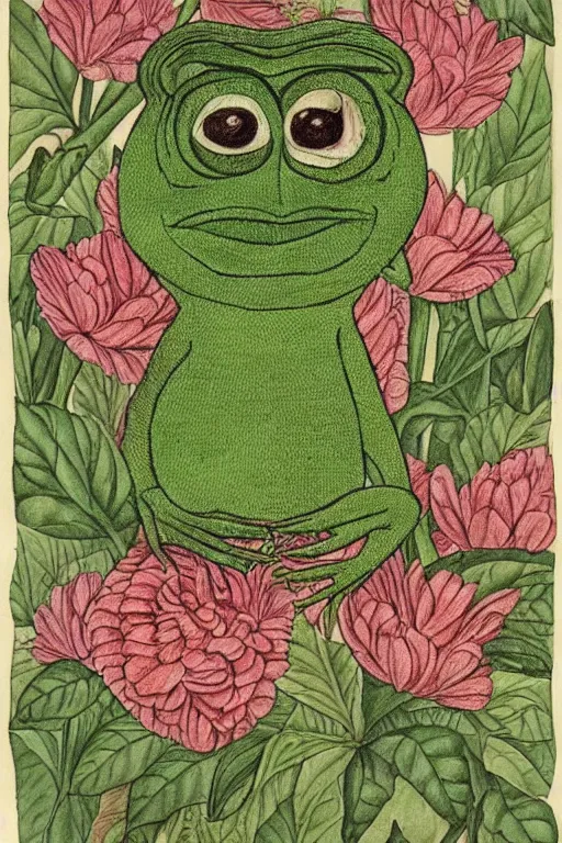 Image similar to pepe the frog, by maria sibylla merian