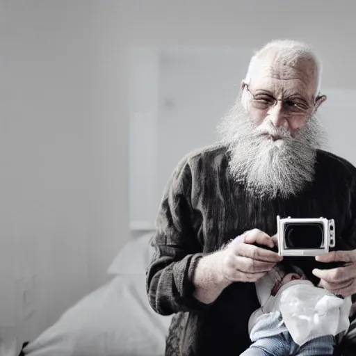 Image similar to cute cartoon character, beard grandpa taking a photo to a baby girl, stuart davis