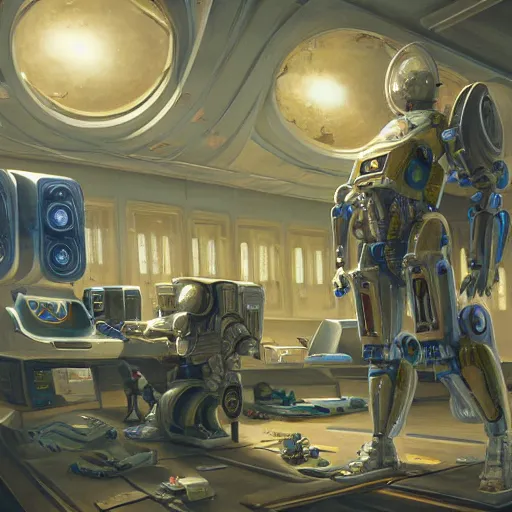 Prompt: detailed painting of a scifi mech bodysuit, interior with old computers, celestial ephemeral ornaments and greek architecture, artstation, norm rockwell in africa, cinematic