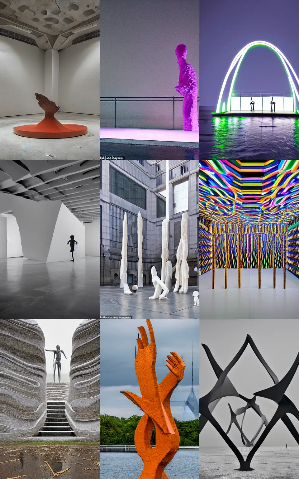 Prompt: To fathom hell or go angelic, just take a pinch of psychedelic. A colossal minimalistic sculptural installation collaboration by Anthony Caro and Antony Gormley, reimagined by future artists on a distant cyberpunk water planet in the night