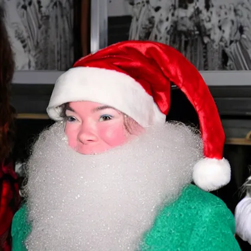 Image similar to Singer Björk wearing a Santa Claus hat