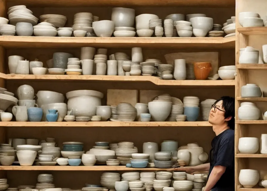 Prompt: an interior room with shelves stacked with ceramics and a person wearing an apron behind a potter's wheel, makoto shinkai, dusty