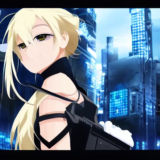 Prompt: very very beautiful anime girl, blonde, in black military uniform, cyberpunk city background, 4 k, by studio shaft