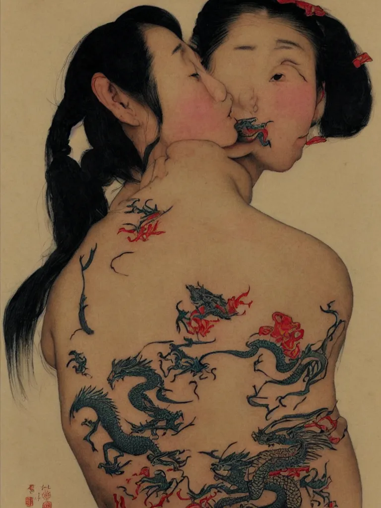 Prompt: a Portrait of a beautiful Chinese girl with a tattoo of a dragon on her back by Norman Rockwell