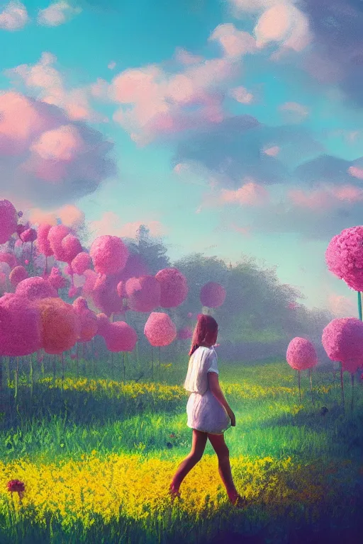 Image similar to giant flower head, girl walking in a flower field, surreal photography, sunrise, dramatic light, impressionist painting, colorful clouds, digital painting, artstation, simon stalenhag