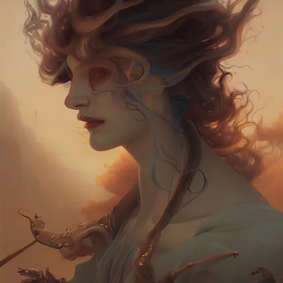 Prompt: a highly detailed beautiful portrait in the style of peter mohrbacher and in the style of jean delville, dslr, 8 4 mm, ray tracing, unreal engine 5, high quality