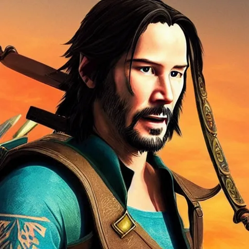 Image similar to Keanu Reeves as Link in The Legend of Zelda Breath of the Wild