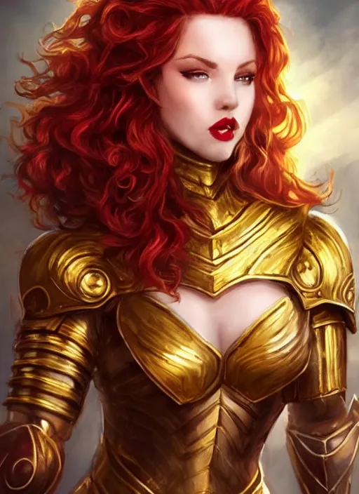 Prompt: picture of beautiful lady knight, golden armor, face details, gorgeous curly red hair, white skin, lipstick, golden eyes, high fantasy, extremely detailed, sharp focus, smooth, by ironstylus, zeronis, artgerm