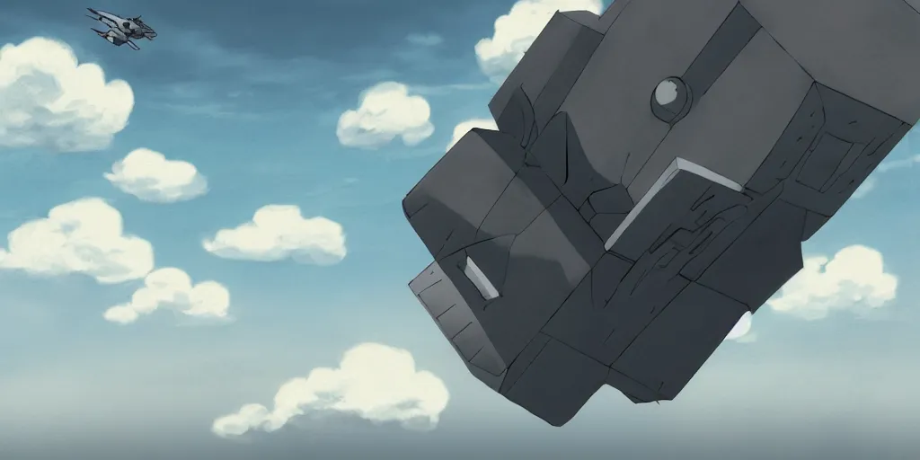 Image similar to a cell - shaded studio ghibli concept art study of a grey cube in the sky. a fighter jet is also in the sky. wide shot, very dull colors, hd, 4 k, hq