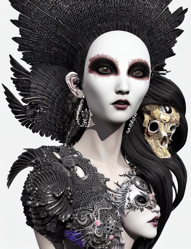 Image similar to 3 d goddess close - up profile portrait punk with mohawk in victorian style with ram skull. beautiful intricately detailed japanese crow kitsune mask and clasical japanese kimono. betta fish, jellyfish phoenix, bio luminescent, plasma, ice, water, wind, creature, artwork by tooth wu and wlop and beeple and greg rutkowski