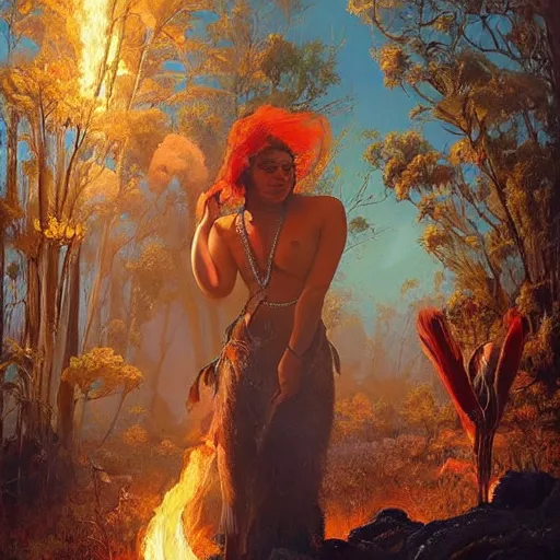 Prompt: evil pauline hanson burning ancient aboriginal land and disrespecting native rights, highly detailed painting extremely beautiful and aesthetic and detailed, with familiar sprites, chiaroscuro, intricate, masterpiece, fantasy illustrations by ilya kuvshinov and jeremy lipking and quentin mabille